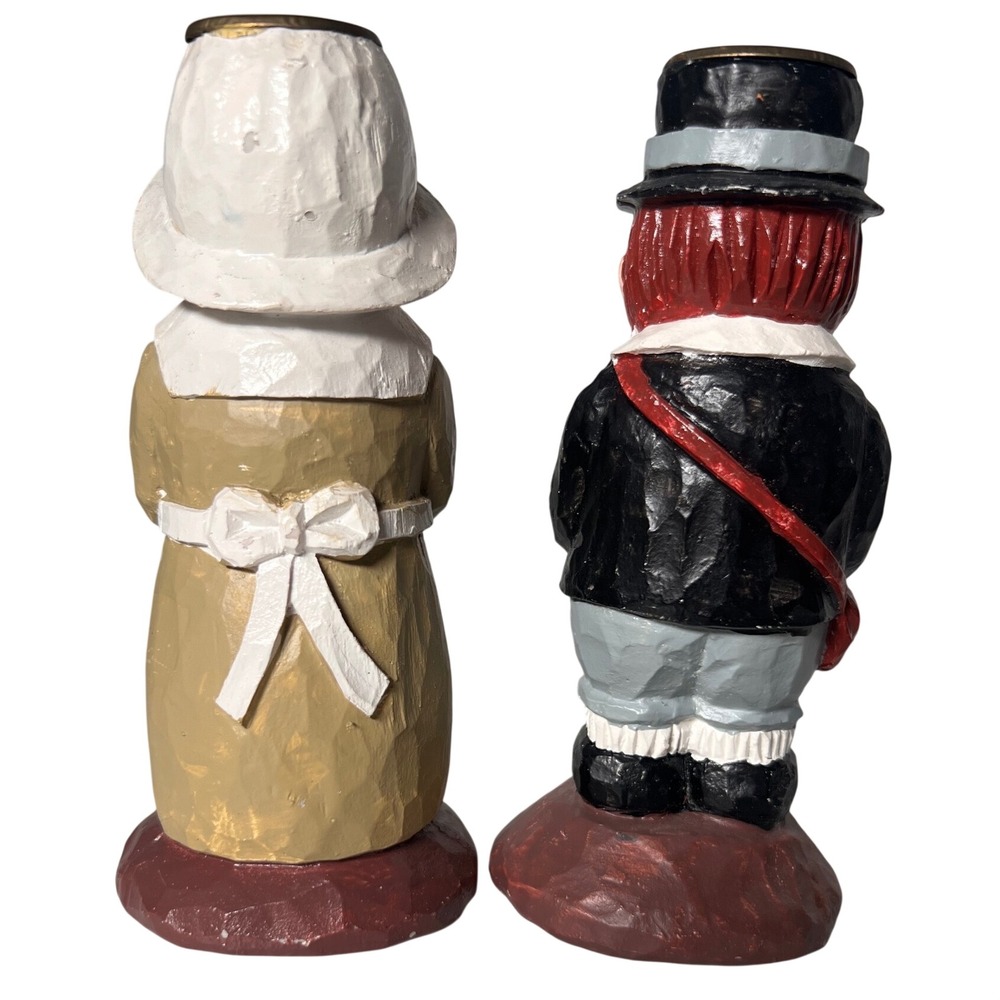 Vintage Teleflora Thanksgiving Pilgrim Figurines Candle Holder Set Resin 2pc - Picture 7 of 12